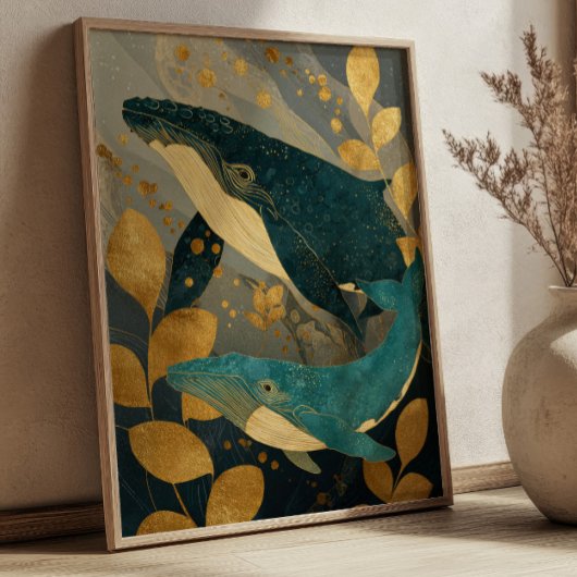 Navy Blue& Gold Whale Illustration Kintsugi Ocean ポスター