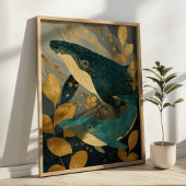 Navy Blue& Gold Whale Illustration Kintsugi Ocean ポスター