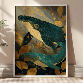 Navy Blue& Gold Whale Illustration Kintsugi Ocean ポスター