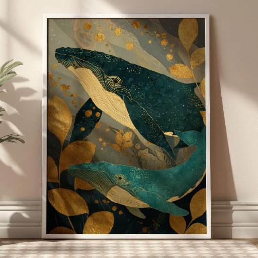 Navy Blue& Gold Whale Illustration Kintsugi Ocean ポスター