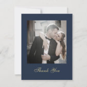 Navy Blue Gold White Script Thank You Wedding  招待状 (正面)