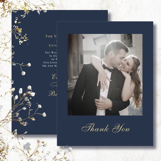 Navy Blue Gold White Script Thank You Wedding  招待状