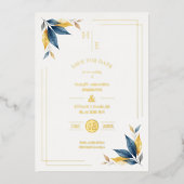 Navy Blue & Golden Botanical Leaves Corner Photo 箔招待状 (正面)