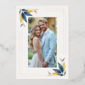 Navy Blue & Golden Botanical Leaves Corner Photo 箔招待状 (裏面)