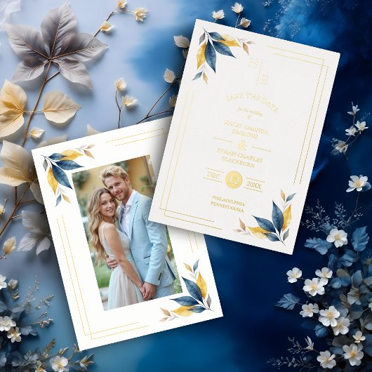 Navy Blue & Golden Botanical Leaves Corner Photo 箔招待状