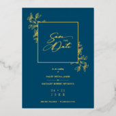 Navy Blue Golden Branches Frame Photo 箔招待状 (正面)