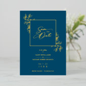 Navy Blue Golden Branches Frame Photo 箔招待状 (立ち正面)