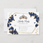 Navy Blue Golden Roses Tiara Quinceañera 出欠カード (正面)