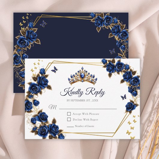 Navy Blue Golden Roses Tiara Quinceañera 出欠カード