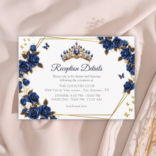 Navy Blue Golden Tiara Roses Butterfly Quinceañera エンクロージャーカード