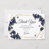 Navy Blue Golden Tiara Roses Butterfly Quinceañera サンキューカード (正面)