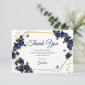 Navy Blue Golden Tiara Roses Butterfly Quinceañera サンキューカード (スタンド正面)