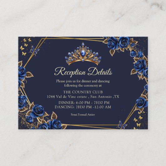 Navy Blue Golden Tiara Roses Quinceañera エンクロージャーカード (正面)