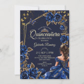 Navy Blue Golden Tiara Roses  Quinceañera 招待状 (正面)