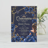 Navy Blue Golden Tiara Roses  Quinceañera 招待状 (スタンド正面)