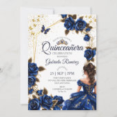 Navy Blue Golden Tiara Roses Quinceañera 招待状 (正面)