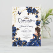 Navy Blue Golden Tiara Roses Quinceañera 招待状 (スタンド正面)