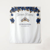 Navy Blue Golden Tiara Roses Quinceañera Backdrop タペストリー (正面)