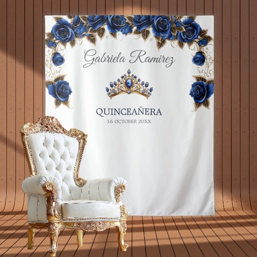 Navy Blue Golden Tiara Roses Quinceañera Backdrop タペストリー