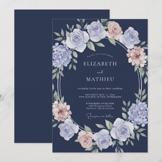 Navy Blue Graceful Classic Wedding 招待状 (正面/裏面)