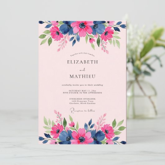 Navy Blue Gracious Spring Wedding 招待状 (スタンド正面)