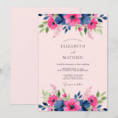Navy Blue Gracious Spring Wedding 招待状 (正面/裏面)