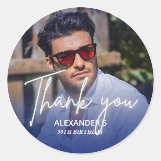 Navy blue Gradient Photo Birthday Thank you ラウンドシール (正面)