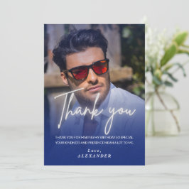 Navy blue Gradient Photo Birthday Thank you card 招待状