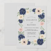 Navy Blue Grandiose Botanical Wedding 招待状 (正面/裏面)