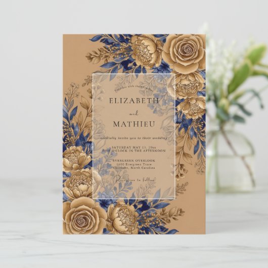 Navy Blue Grandiose Rustic Wedding 招待状 (スタンド正面)