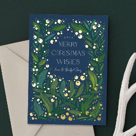 Navy Blue Greenery Wreath Merry Christmas 箔シーズンカード