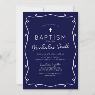 Navy Blue Hand Drawn Baptism Invitation 招待状
