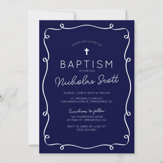 Navy Blue Hand Drawn Baptism Invitation 招待状 (正面)