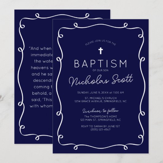 Navy Blue Hand Drawn Baptism Invitation 招待状 (正面/裏面)