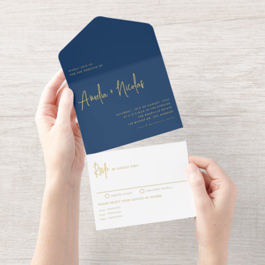 Navy Blue Handwriting Modern Typography Wedding オールインワン招待状 (切り取り部)