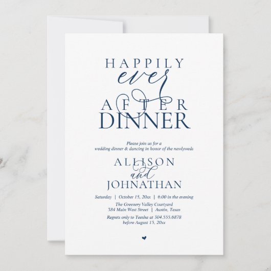 Navy Blue Happily Ever After Dinner Modern Wedding 招待状 (正面)