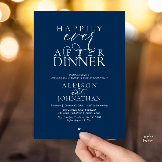 Navy Blue Happily Ever After Dinner Modern Wedding 招待状