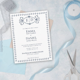 Navy Blue Heirloom Crest Monogram Formal Wedding インビテーションポストカード