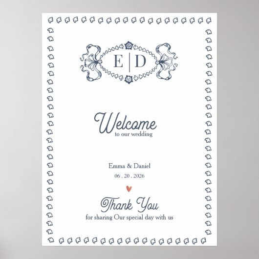Navy Blue Heirloom Crest Monogram Wedding Welcome ポスター (正面)