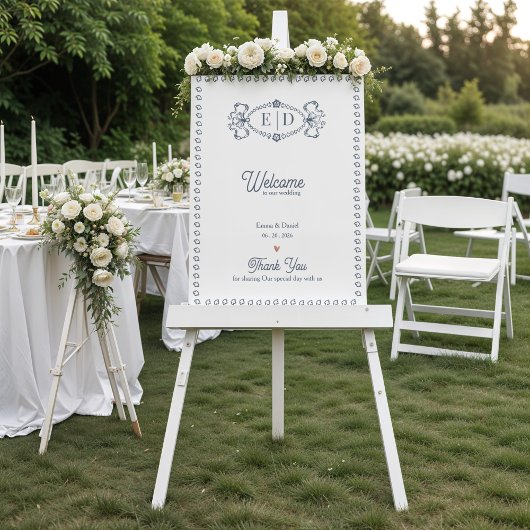 Navy Blue Heirloom Crest Monogram Wedding Welcome  ポスター