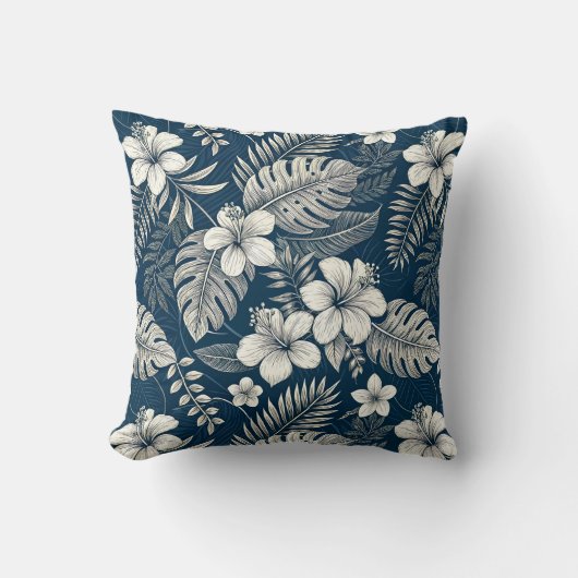 Navy Blue Hibiscus Monstera Tropical Botanical クッション (正面)