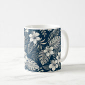 Navy Blue Hibiscus Monstera Tropical Botanical コーヒーマグカップ (正面右)