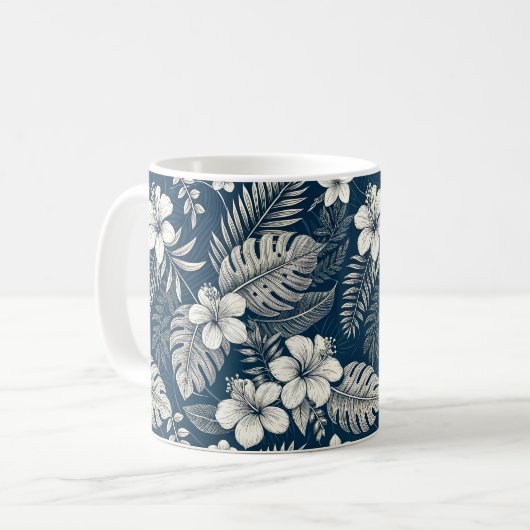 Navy Blue Hibiscus Monstera Tropical Botanical コーヒーマグカップ (正面左)