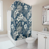Navy Blue Hibiscus Monstera Tropical Botanical シャワーカーテン (インサイチュ)