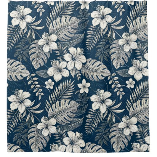 Navy Blue Hibiscus Monstera Tropical Botanical シャワーカーテン (正面)