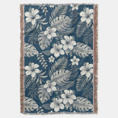 Navy Blue Hibiscus Monstera Tropical Botanical スローブランケット (正面縦)