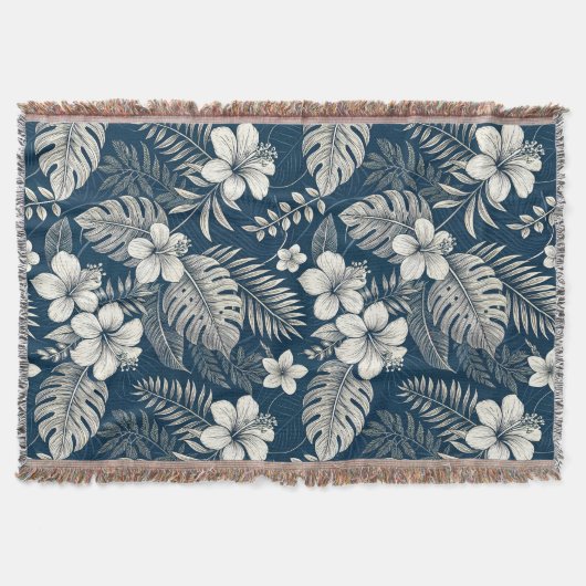 Navy Blue Hibiscus Monstera Tropical Botanical スローブランケット (正面)
