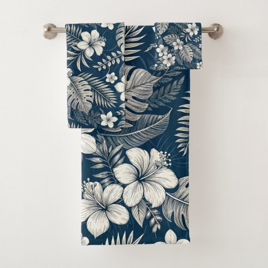 Navy Blue Hibiscus Monstera Tropical Botanical バスタオルセット (インサイチュ)