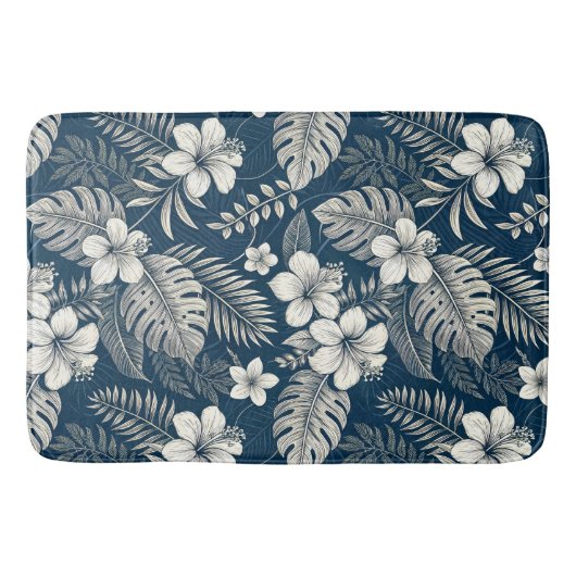 Navy Blue Hibiscus Monstera Tropical Botanical バスマット (正面)