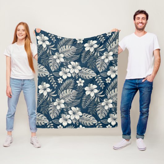 Navy Blue Hibiscus Monstera Tropical Botanical フリースブランケット (インサイチュ)